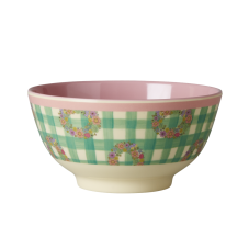 Green Check Vichy Print Melamine Bowl With Soft Pink Rice DK